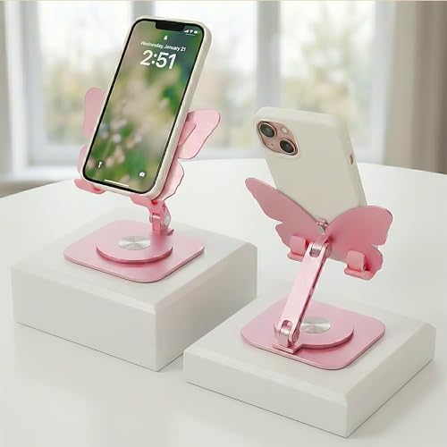 Butterfly Holder Fit for iPhone 17 16 15 14 13 12 11 Tablet iPad – Aluminum Alloy Folding Phone Kickstand with 360 Rotation, Desktop Home Stand Pink Stable Grip for All Smartphones Mobile Cell Phone