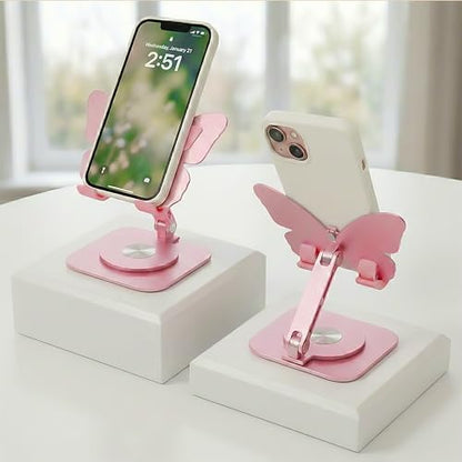 Butterfly Holder Fit for iPhone 17 16 15 14 13 12 11 Tablet iPad – Aluminum Alloy Folding Phone Kickstand with 360 Rotation, Desktop Home Stand Pink Stable Grip for All Smartphones Mobile Cell Phone