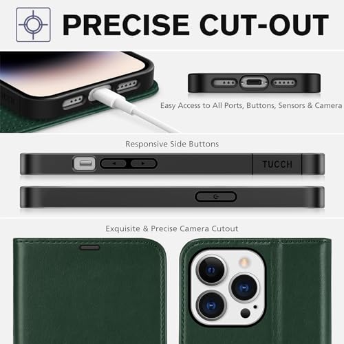 TUCCH Wallet Case for iPhone 14 Pro (6.1"), 4 Card Holders, Midnight Green | RFID Blocking, Viewing Stand, Shockproof TPU Shell, PU Leather, Magnetic Closure, Protective Folio Flip Cover - color: Midnight Green