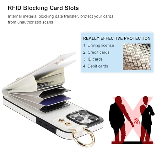 Folosu for iPhone 15 Pro Max Wallet Case with Card Holder, Hand Wrist Strap Loop Holder Kickstand, RFID Blocking Finger Grip Ring PU Leather Double Buttons Shockproof Cover 6.7" White - color: White