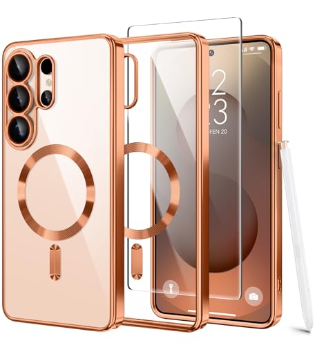 Magnetic Case for Samsung Galaxy S26 Ultra with Screen Protector,[Compatible with MagSafe][Full Camera Protection]Slim Military Shockproof Plating Phone Cover for AI Galaxy S26 Ultra(Orange/Clear) - color: Cosmic Orange/Clear, size: Samsung Galaxy S26 Ult