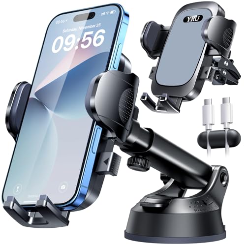 YRU【True Military-Grade Safety & Patent Certs 360°Rotation Car Phone Holder【100+LBS Strong Suction & Clip】 Windshield Dash Vent Cell Phone Mount Cradle for iPhone17 16 Pro Max Truck Samsung, Grey - color: Grey