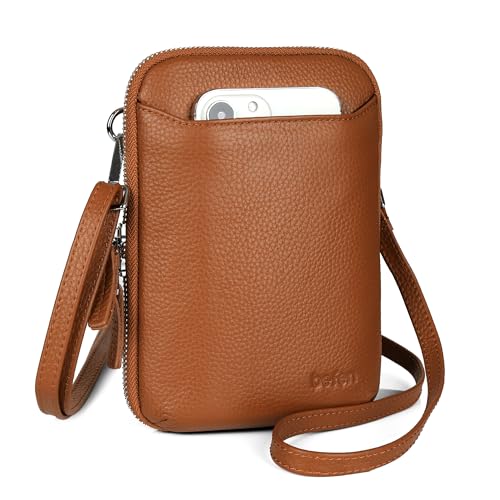 befen Genuine Leather Crossbody Cell Phone Purse for Women, Small Zip Around RFID Blocking Crossbody Wallet Bags - color: Cognac Brown