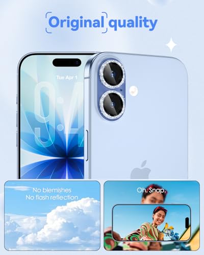 CloudValley All Bling Camera Lens Protector for iPhone 17/iPhone 16/Plus - color: Bling Blue