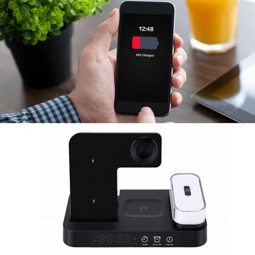 ASHATA 4 in 1 Wireless Charging Station 3 in 1 Stand with Digital Alarm Clock 7 Color Night Light for Phone Watch Earbuds (Black) - color: Black