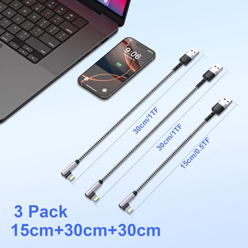 3Pack Right Angle Short iPhone Charge Cable, 90 Degree Apple USB A to Lightning Cable 15cm+30cm+30cm, Nylon Braided Sync Data Charger Cable, Fast Charge Cord for iPhone 14 13 12 11 Pro Max Xr 8 7 Plus