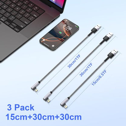 3Pack Right Angle Short iPhone Charge Cable, 90 Degree Apple USB A to Lightning Cable 15cm+30cm+30cm, Nylon Braided Sync Data Charger Cable, Fast Charge Cord for iPhone 14 13 12 11 Pro Max Xr 8 7 Plus