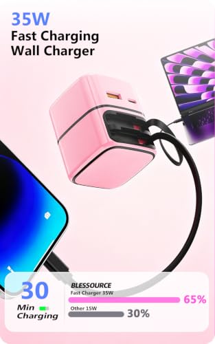 4-in-1 GaN 35W Retractable Wall Charger for iPhone, iPad, Samsung, Pink - color: Pink