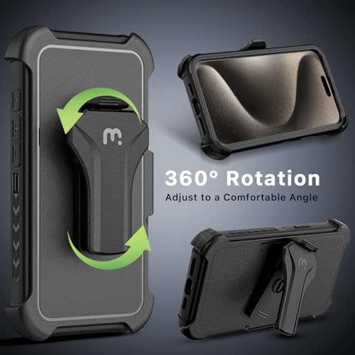 M MYBAT PRO Maverick Series for iPhone 15 Pro Max Case with Belt Clip Holster,[Compatible with Magsafe] w/Screen Protector,Anti-Drop,Shockproof,with 360°Rotating Kickstand,Heavy Duty Protection - color: Black