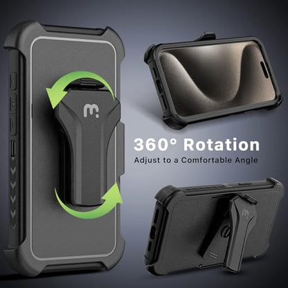 M MYBAT PRO Maverick Series for iPhone 15 Pro Max Case with Belt Clip Holster,[Compatible with Magsafe] w/Screen Protector,Anti-Drop,Shockproof,with 360°Rotating Kickstand,Heavy Duty Protection - color: Black