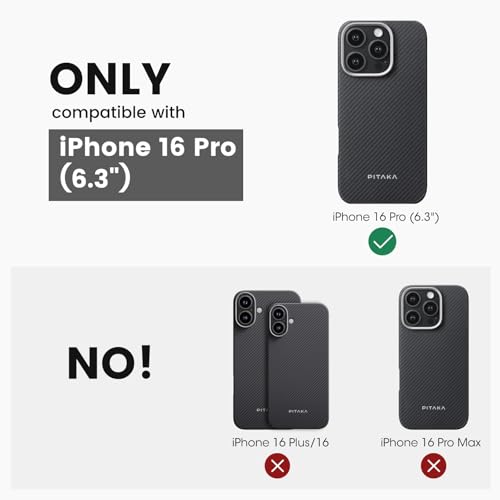 pitaka iPhone 16 Pro Case 6.3” - MagSafe Compatible, Ultra Slim with Caseless Feel, 600D Aramid Fiber Woven - Black/Grey (Twill) - color: Black/Grey (Twill), size: For iPhone 16 Pro, 6.3"