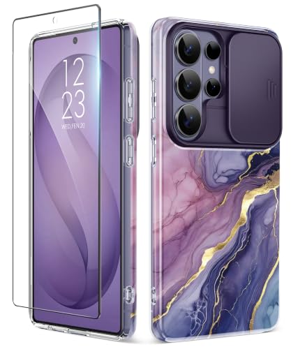 GVIEWIN for Samsung Galaxy S26 Ultra Case with Slide Camera Cover, [Screen Protector] [Shockproof Military Grade Drop Protection] Marble Slim Fit Hard PC Phone Cover S26 Ultra 6.9" 2026 (Fluorite) - color: Fluorite/Purple, size: For Galaxy S26 Ultra 6.9"