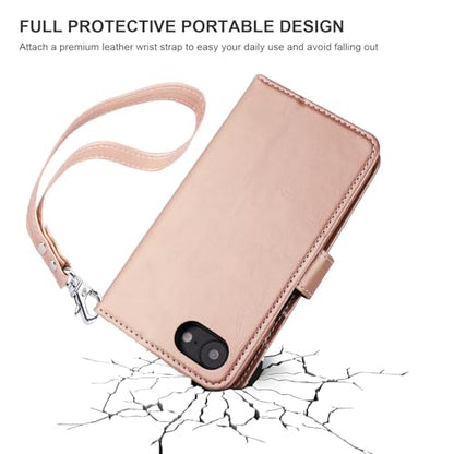 Bocasal Detachable Wallet Case Card Holder for iPhone 17e/16e, Rose Gold | RFID Blocking Kickstand Card Slots Holder PU Leather Magnetic Shockproof Wrist Strap Removable Flip Protective Cover 6.1 inch - color: Rose Gold