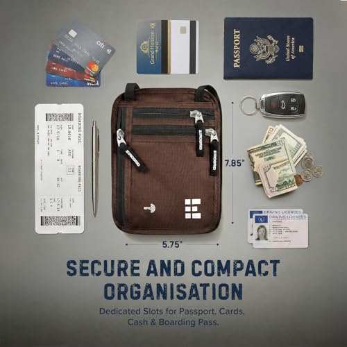 Zero Grid RFID Travel Neck Wallet, Large Passport Holder, Brown - color: Brown, size: Solo/Couple
