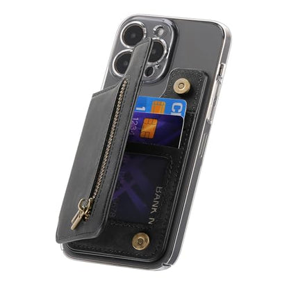 Wallet Stick on Phone Case, Credit Card Holder for Back of Phone Cases Retro Flip Leather Zipper Sleeve Pouch Compatible with iPhone, Samsung Galaxy Android Most Smartphones Black - color: Black