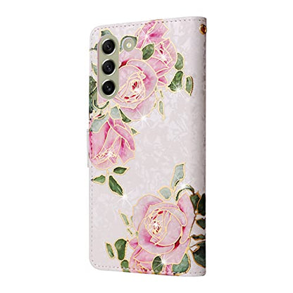 UEEBAI Wallet Case for Samsung Galaxy S22 5G, PU Leather Phone Case Kickstand RFID Blocking Flip Case Card Slots Wrist Strap Relief Engraved Pattern Magnetic Closure Flower Folio Case, White Rose - color: White Rose, size: Samsung Galaxy S22 5G