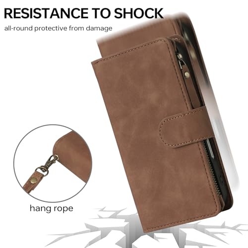RANYOK Compatible iPhone 16 Pro Max Wallet Case - PU Leather Wallet Case with Credit Card Holder RFID Blocking Zipper Pocket [Wrist Strap] Protective Case (Brown) - color: Brown, size: iPhone 16 Pro Max, 6.9"