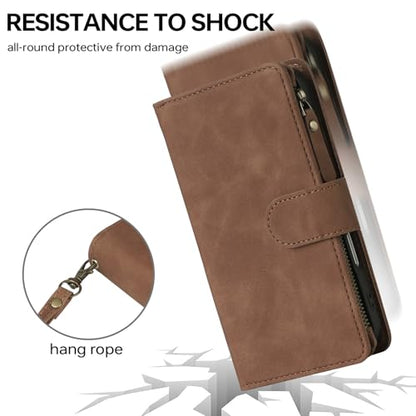 RANYOK Compatible iPhone 16 Pro Max Wallet Case - PU Leather Wallet Case with Credit Card Holder RFID Blocking Zipper Pocket [Wrist Strap] Protective Case (Brown) - color: Brown, size: iPhone 16 Pro Max, 6.9"