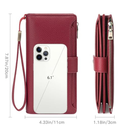 GAEKEAO Womens Wallet RFID Blocking Large Capacity Vegan Leather Card Holder Wristlet Clutch with 32 Card Slots 4 ID Windows - color: X03-Wine Red