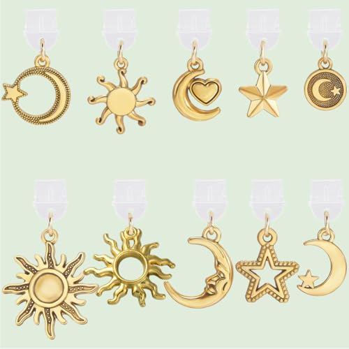 SUNNYCLUE 1 Box 10 Styles Moon Dust Plug Charm Dust Plug Charms Bulk Small Gold Metal Cute Sun Stars Dangle Plastic Compatible Port Protector Pendant for Phone Earphone Diy Jewelry Supplies Women Men - style: Moon & Star
