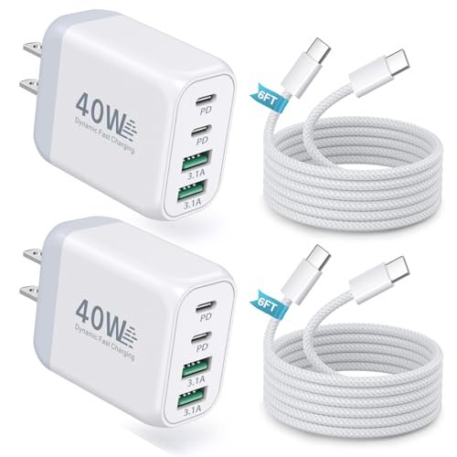 40W USB C Wall Charger with 6ft USB-C Cables, Besgoods 25W Fast Charging Kit, 4-Port USB A&USB C Travel Adapter for iPhone 17 16 15 Galaxy S26 S25 iPad Tablets - color: White