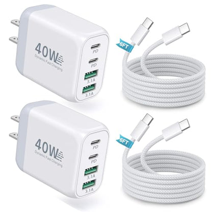 40W USB C Wall Charger with 6ft USB-C Cables, Besgoods 25W Fast Charging Kit, 4-Port USB A&USB C Travel Adapter for iPhone 17 16 15 Galaxy S26 S25 iPad Tablets - color: White