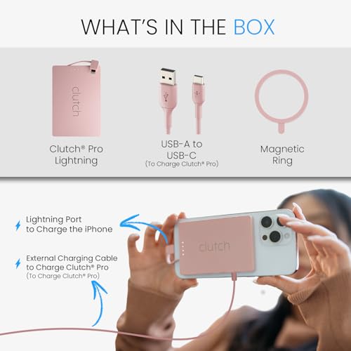 Clutch Pro – World's Thinnest iPhone Charger – Portable Power Bank 5000mAh – Magnetic Built-in Lightning Cable – TSA Approved Travel Charger – iPhone 14 & Earlier – Pink - color: Pink