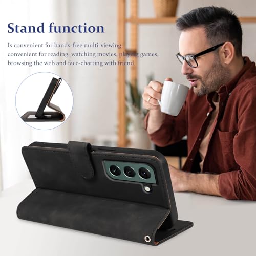 Wallet Case for Galaxy S22, RFID Blocking, 4 Card Slots, Black | For Samsung Galaxy S22 6.1 inch, PU Leather Flip Cover, Protective TPU Shell, Magnetic Closure, Stand, Wrist Strap - color: Black