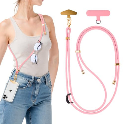 BestStone Crossbody Phone Lanyard Strap with 2 Tether Tabs (Nylon Pad + Metal Plate), Adjustable Cell Phone Lanyard - color: Pink