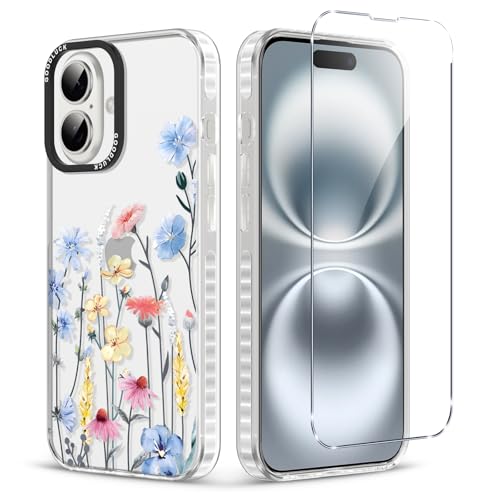for iPhone 16 Case Floral with Screen Protector,Protective Shockproof Slim Clear Floral Phone Cover?Cute Phone Case for Women Girl with Flower Pattern Design (Blue Branch Flower) - color: Blue branch flower, size: iPhone 16