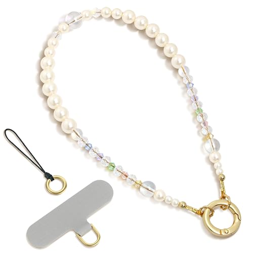 SURPHY Phone Charm, Handmade Beaded Phone Wrist Strap with Tether Tab - color: B- Pearl Crystals