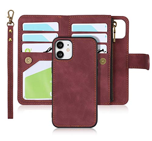 iCoverCase for iPhone 12 Mini Wallet Case with Card Holder and Wrist Strap, PU Leather Kickstand Card Slots Zipper Pocket Magnetic [Detachable] Flip Cover Case 5.4 Inch (Claret) - color: Claret