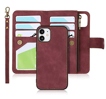 iCoverCase for iPhone 12 Mini Wallet Case with Card Holder and Wrist Strap, PU Leather Kickstand Card Slots Zipper Pocket Magnetic [Detachable] Flip Cover Case 5.4 Inch (Claret) - color: Claret