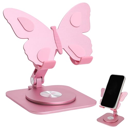Butterfly Holder Fit for iPhone 17 16 15 14 13 12 11 Tablet iPad – Aluminum Alloy Folding Phone Kickstand with 360 Rotation, Desktop Home Stand Pink Stable Grip for All Smartphones Mobile Cell Phone