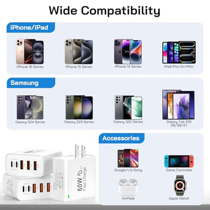 3Pack USB C Fast Charger Block, Total 60W 5-Port USB C Wall Charger 30W - color: 3Pack White