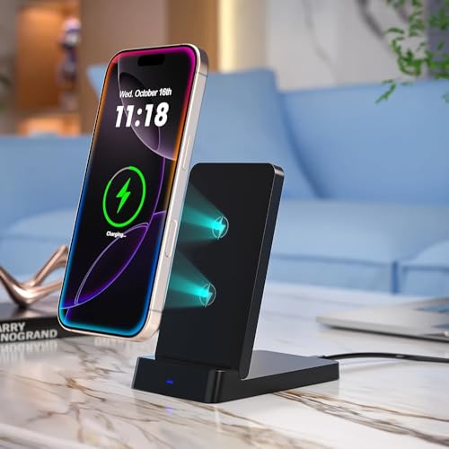 15W Fast Charging Station Double Coil Wireless Charger Foldable Phone Holder Stand for iPhone 17 16 15 14 13 Pro Max Samsung Xiaomi (Black)