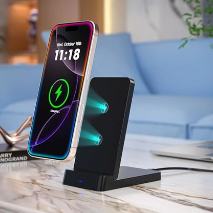15W Fast Charging Station Double Coil Wireless Charger Foldable Phone Holder Stand for iPhone 17 16 15 14 13 Pro Max Samsung Xiaomi (Black)