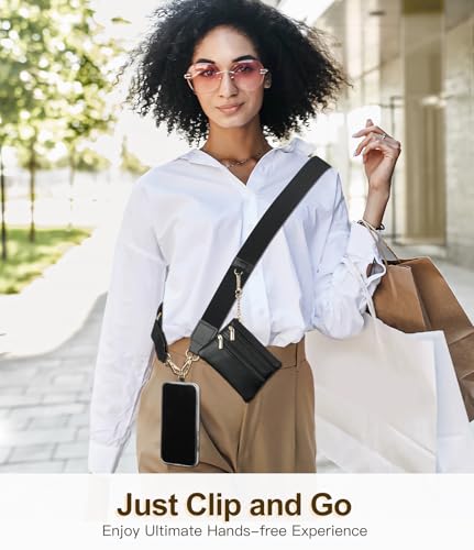 TiMOVO Clip and Go Phone Strap Crossbody with Leather Wallet, Adjustable Anti-Theft Lanyard with Pouch for Most Phone Case - color: Black