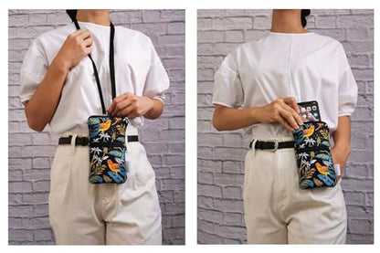 Tainada 2-Zip Neck Phone Pocket Bag w/Belt Loop (Birds Floral Navy Blue) | For Men/Women; Water-resistant neoprene pouch, shockproof, lightweight, w/carabiner; Compatible with most of smartphones - color: Birds Floral Navy Blue