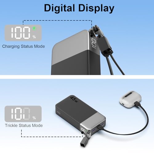 NOBIS Portable Charger 20000mAh 45W Power Bank w/Detachable Cable - color: Black