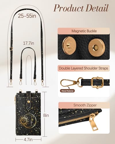 Miss Adola RFID Cell Phone Purse Crossbody Bag for Women | RFID Blocking, Card Slots, Dual Straps, Leather Phone Wallet, Magnetic Buckle, Smooth Zipper, Crossbody Purse for Daily Use - color: Black Sun Moon
