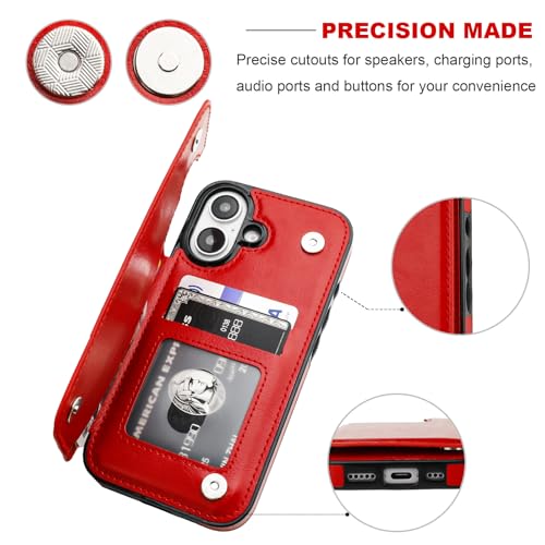 ONETOP for iPhone 16 Wallet Case with Credit Card Holder,Red | Kickstand,ID/Cash Holder,Case Wallet with Card Slots,Double Magnetic Clasp,Durable PU Leather Shockproof Cover for Women Men - color: Red