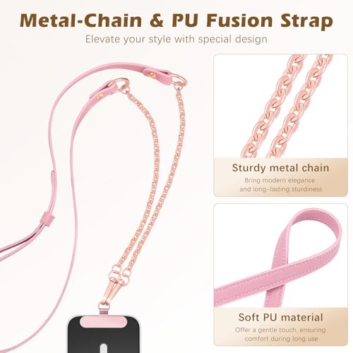 MoKo Universal Phone Crossbody Lanyard Phone Chain, Anti-Theft Adjustable Cellphone Cross Body Neck Strap & iPhone Wrist Strap with 2×Metal Tether Tabs for iPhone 17, Most Smartphones, Pink&Rose Gold - color: Pink&rose Gold