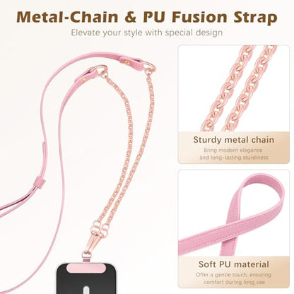 MoKo Universal Phone Crossbody Lanyard Phone Chain, Anti-Theft Adjustable Cellphone Cross Body Neck Strap & iPhone Wrist Strap with 2×Metal Tether Tabs for iPhone 17, Most Smartphones, Pink&Rose Gold - color: Pink&rose Gold