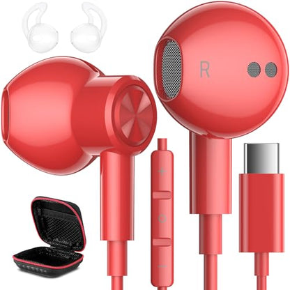 USB C Headphones Magnetic Wired Earbuds with Mic for Apple/Samsung Android - color: Red