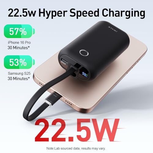 iWALK Mini Portable Charger 10,000mAh, 22.5W USB-C Fast Charging Power Bank with Built-in Cable, Travel Essential Ultra-Small Battery Pack Compatible for iPhone 17/16/16 Pro/15, Samsung, Google, Black - color: Black 22.5W