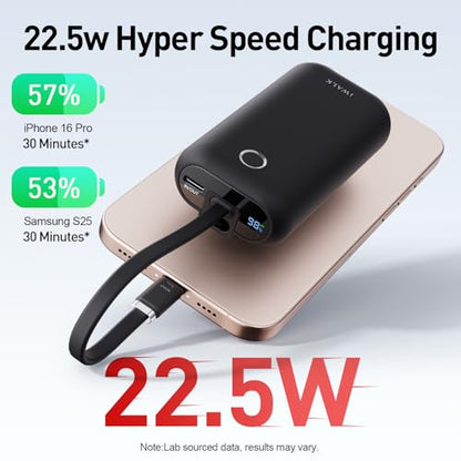 iWALK Mini Portable Charger 10,000mAh, 22.5W USB-C Fast Charging Power Bank with Built-in Cable, Travel Essential Ultra-Small Battery Pack Compatible for iPhone 17/16/16 Pro/15, Samsung, Google, Black - color: Black 22.5W