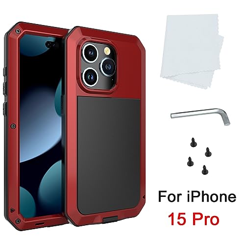 Compatiable with iPhone 15 Pro Case,360 Full Body Protective Cover Heavy Duty Shockproof Tough Armour Aluminum Alloy Metal Case with Silicone Built-in Screen Protector - Red - color: Red