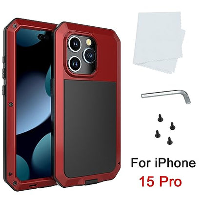Compatiable with iPhone 15 Pro Case,360 Full Body Protective Cover Heavy Duty Shockproof Tough Armour Aluminum Alloy Metal Case with Silicone Built-in Screen Protector - Red - color: Red
