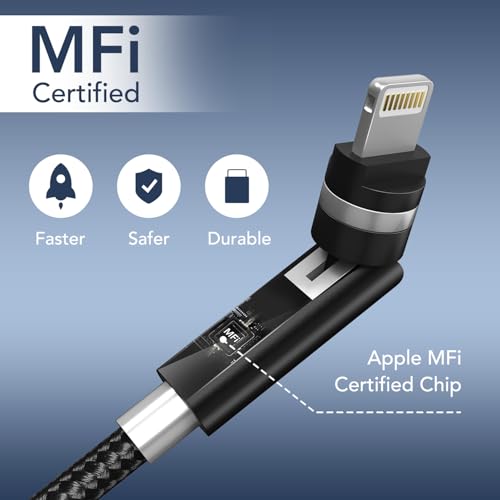 90 Degree Lightning Cable with 360 Rotating Head - 6.6FT MFi Right Angle Nylon Braided iPhone Charger Cord with 2.4A Fast Charge, Data Sync, CarPlay for iPhone14/13/12/11/X/8